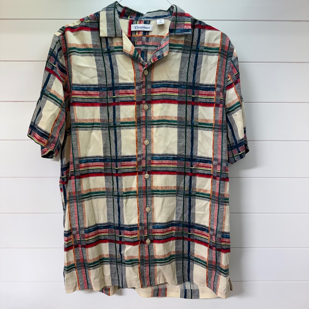 Caribbean Mens Short Sleeve Button Down Shirt Plaid Camp Collar Ivory Medium